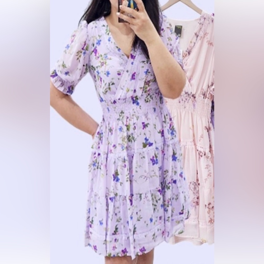 TAYLOR Baby Doll Boho Puff Sleeves Lavender Floral Midi Dress size 8